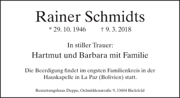 Traueranzeige von Rainer Schmidts von Neue Westfälische