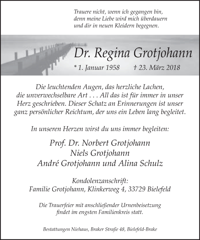  Traueranzeige für Regina Grotjohann vom 30.03.2018 aus Neue Westfälische