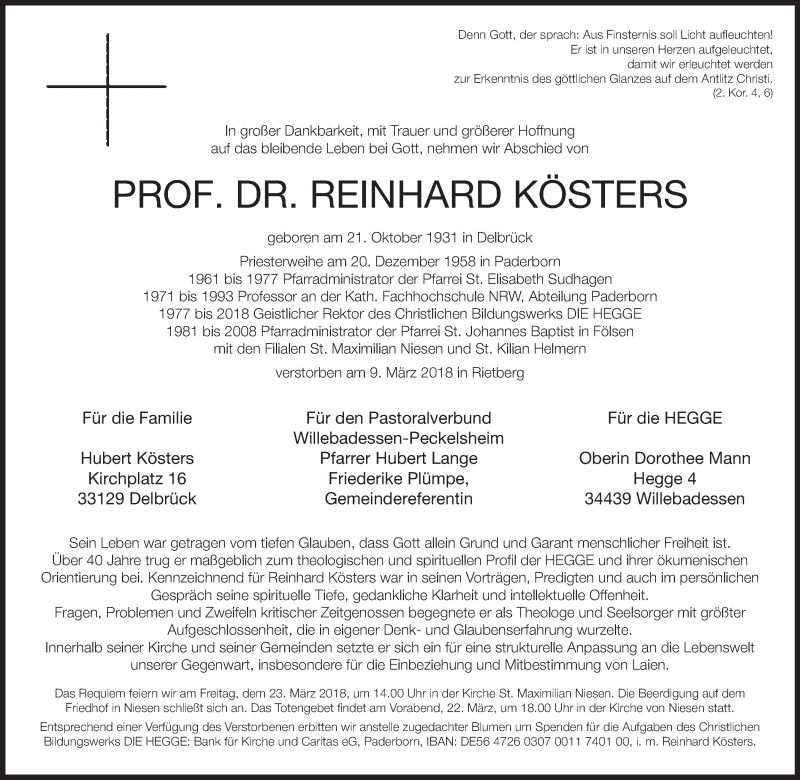  Traueranzeige für Reinhard Kösters vom 17.03.2018 aus Neue Westfälische