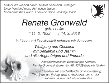 Traueranzeige von Renate Gronwald von Neue Westfälische