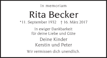 Traueranzeige von Rita Becker von Neue Westfälische