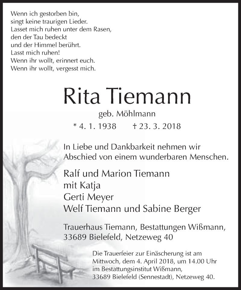  Traueranzeige für Rita Tiemann vom 30.03.2018 aus Neue Westfälische