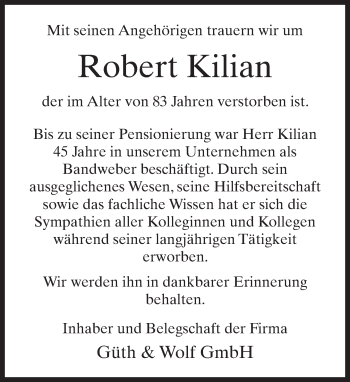 Traueranzeige von Robert Kilian von Neue Westfälische