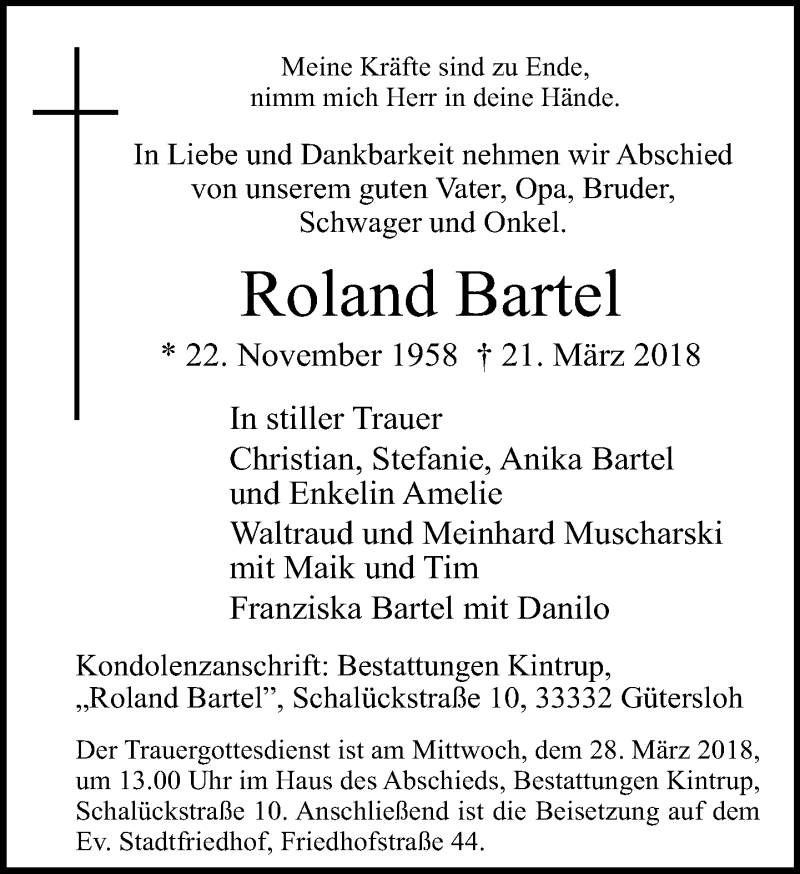  Traueranzeige für Roland Bartel vom 26.03.2018 aus Neue Westfälische