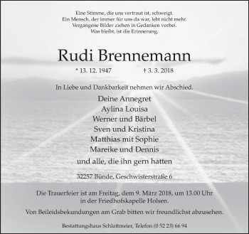 Traueranzeige von Rudi Brennemann von Neue Westfälische