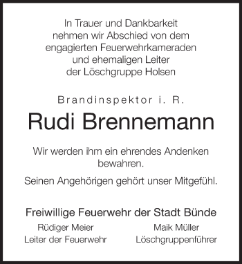 Traueranzeige von Rudi Brennemann von Neue Westfälische