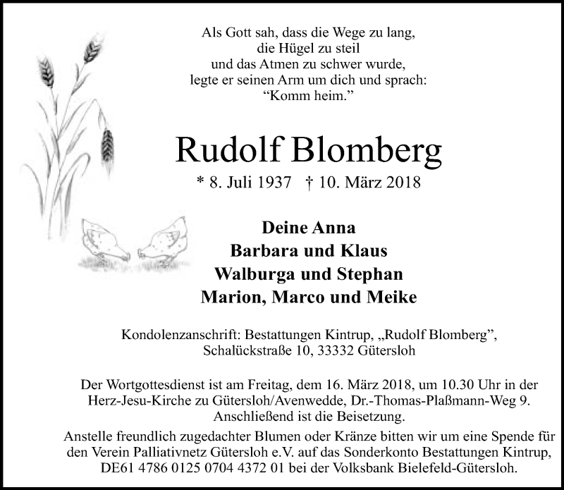  Traueranzeige für Rudolf Blomberg vom 13.03.2018 aus Neue Westfälische