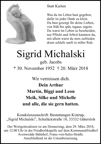 Traueranzeige von Sigrid Michalski von Neue Westfälische