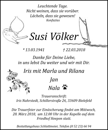 Traueranzeige von Susi Völker von Neue Westfälische