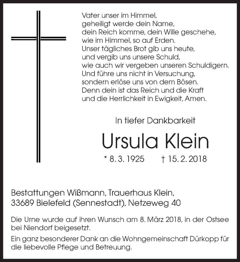  Traueranzeige für Ursula Klein vom 10.03.2018 aus Neue Westfälische