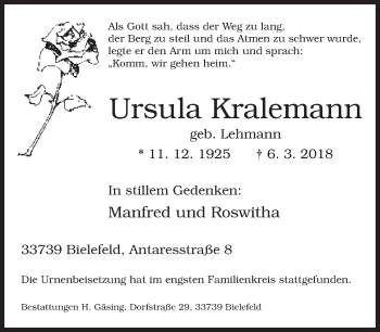 Traueranzeige von Ursula Kralemann von Neue Westfälische