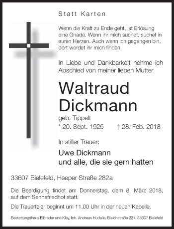 Traueranzeige von Waltraud Dickmann von Neue Westfälische