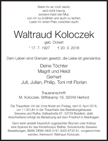 Traueranzeige von Waltraud Koloczek von Neue Westfälische