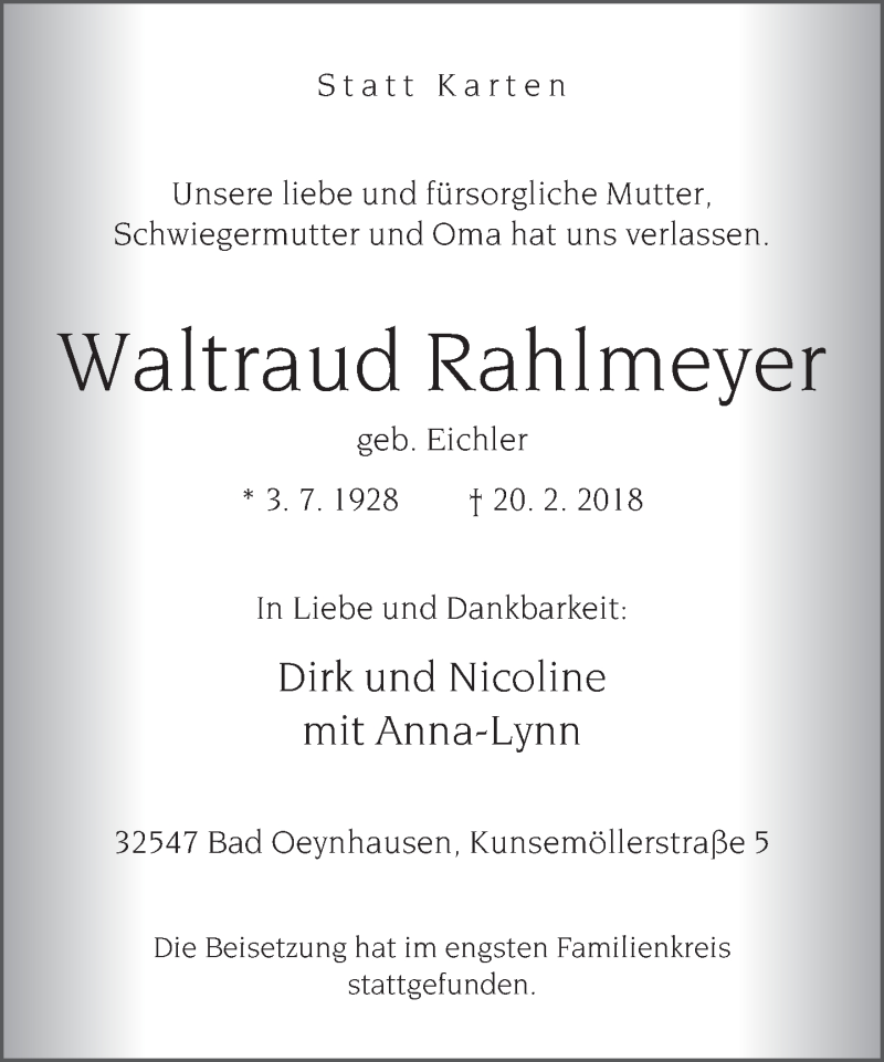  Traueranzeige für Waltraud Rahlmeyer vom 03.03.2018 aus Neue Westfälische