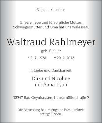 Traueranzeige von Waltraud Rahlmeyer von Neue Westfälische