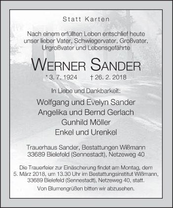 Traueranzeige von Werner Sander von Neue Westfälische