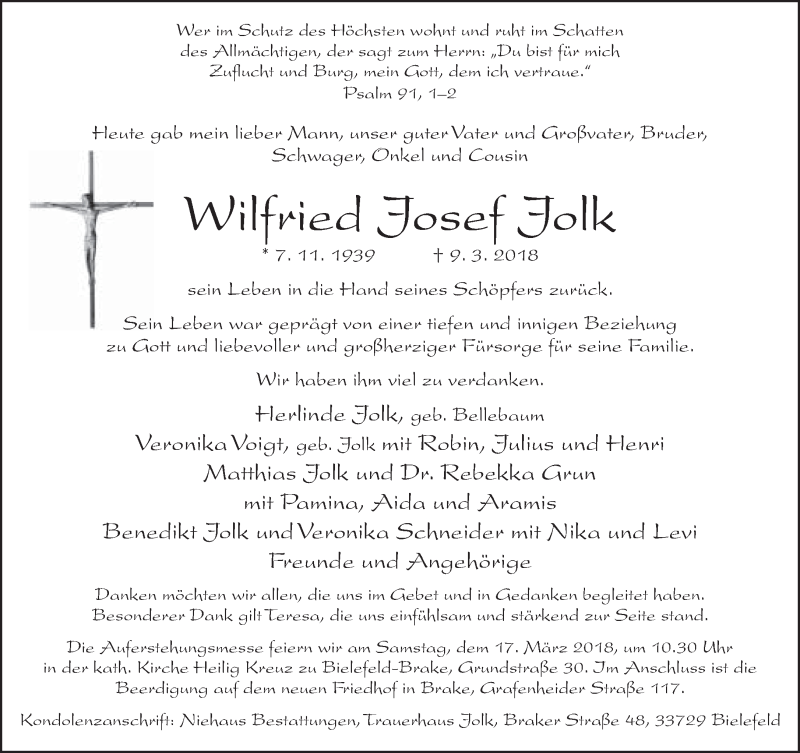  Traueranzeige für Wilfried Josef Jolk vom 13.03.2018 aus Neue Westfälische