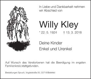 Traueranzeige von Willy Kley von Neue Westfälische