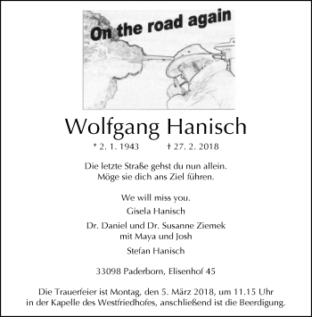 Traueranzeige von Wolfgang Hanisch von Neue Westfälische