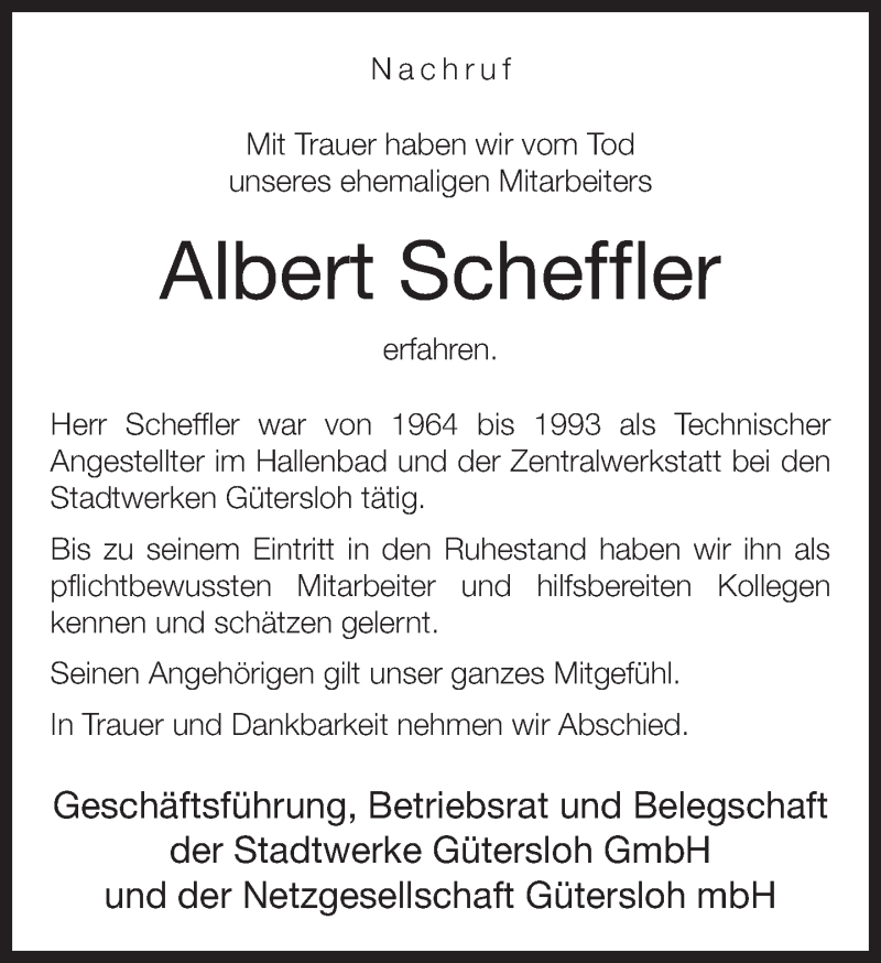  Traueranzeige für Albert Scheffler vom 14.04.2018 aus Neue Westfälische