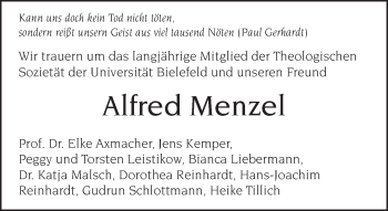 Traueranzeige von Alfred Menzel von Neue Westfälische