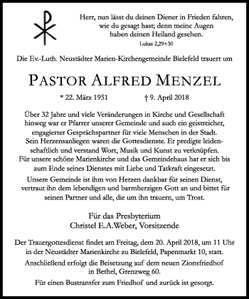 Traueranzeige von Alfred Menzel von Neue Westfälische