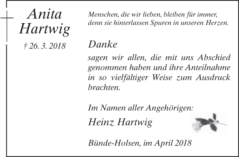  Traueranzeige für Anita Hartwig vom 28.04.2018 aus Neue Westfälische