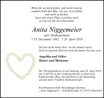 Traueranzeige von Anita Niggemeier von Neue Westfälische