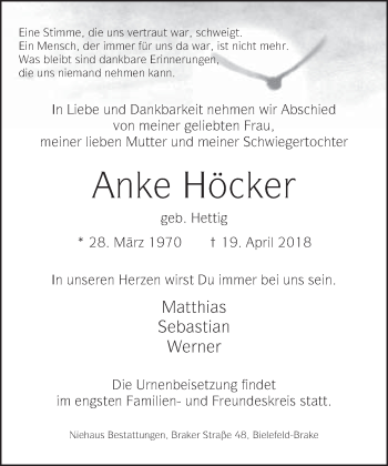 Traueranzeige von Anke Höcker von Neue Westfälische