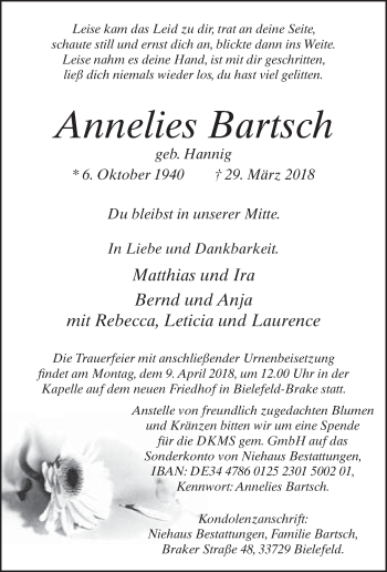 Traueranzeige von Annelies Bartsch von Neue Westfälische