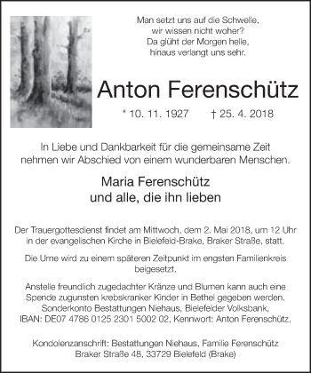 Traueranzeige von Anton Ferenschütz von Neue Westfälische