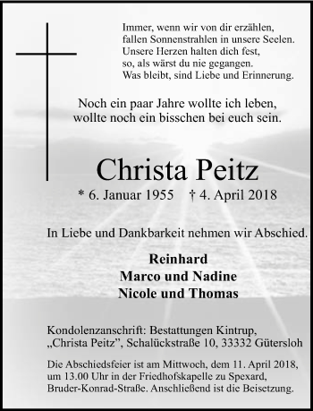 Traueranzeige von Christa Peitz von Neue Westfälische