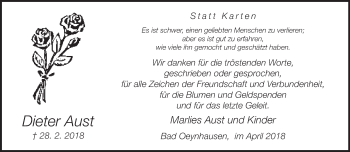 Traueranzeige von Dieter Aust von Neue Westfälische