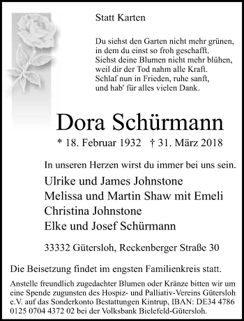 Traueranzeige von Dora Schürmann von Neue Westfälische