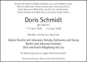 Traueranzeige von Doris Schmidt von Neue Westfälische