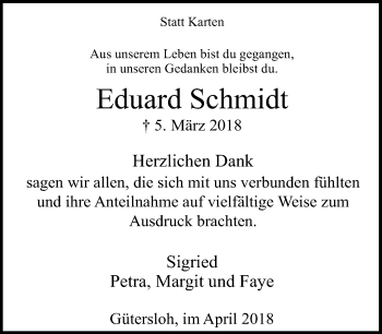 Traueranzeige von Eduard Schmidt von Neue Westfälische