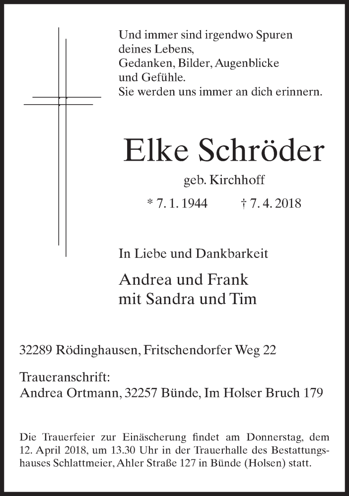  Traueranzeige für Elke Schröder vom 10.04.2018 aus Neue Westfälische
