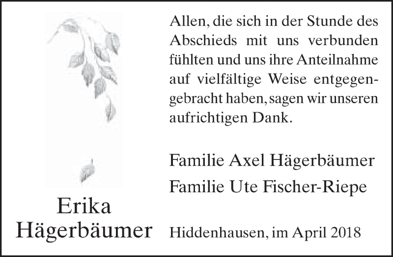  Traueranzeige für Erika Hägerbäumer vom 18.04.2018 aus Neue Westfälische