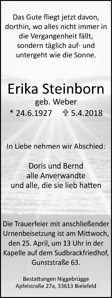  Traueranzeige für Erika Steinborn vom 14.04.2018 aus Neue Westfälische