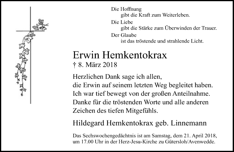  Traueranzeige für Erwin Hemkentokrax vom 14.04.2018 aus Neue Westfälische