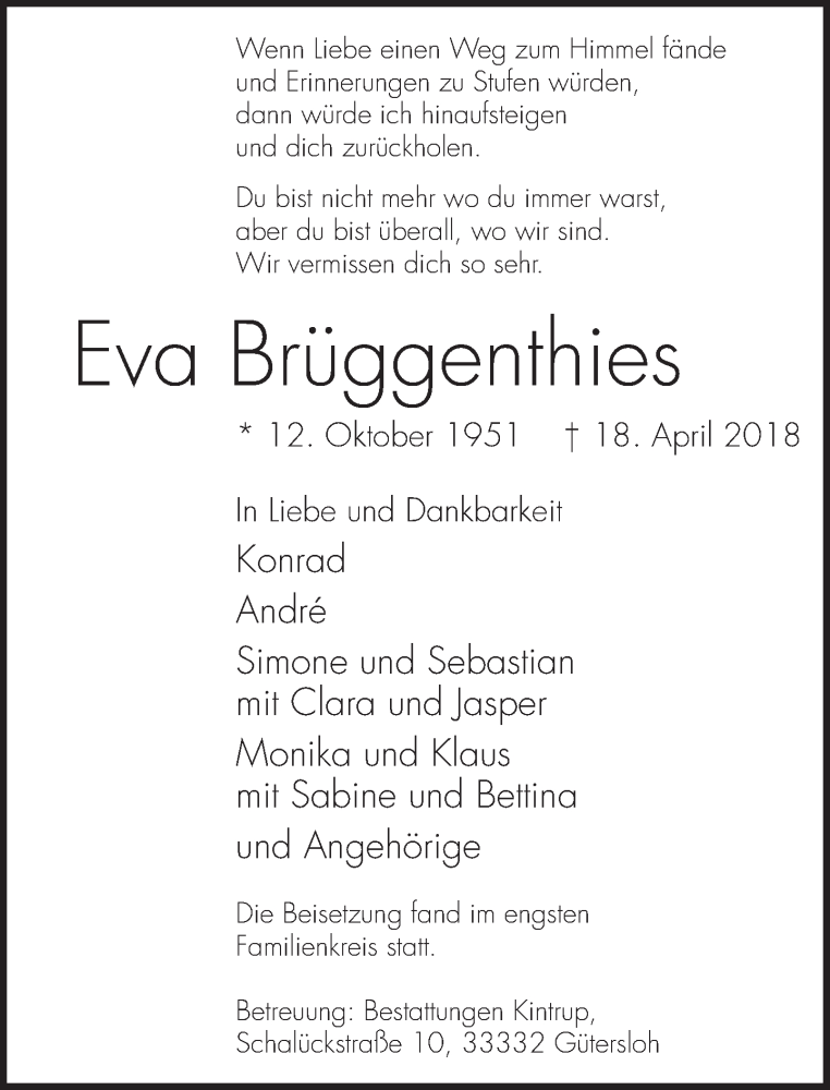  Traueranzeige für Eva Brüggenthies vom 26.04.2018 aus Neue Westfälische