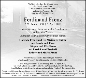 Traueranzeige von Ferdinand Frenz von Neue Westfälische