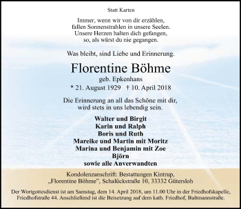 Traueranzeige von Florentine Böhme von Neue Westfälische