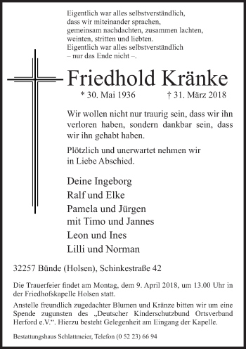 Traueranzeige von Friedhold Kränke von Neue Westfälische