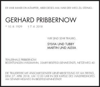 Traueranzeige von Gerhard Pribbernow von Neue Westfälische