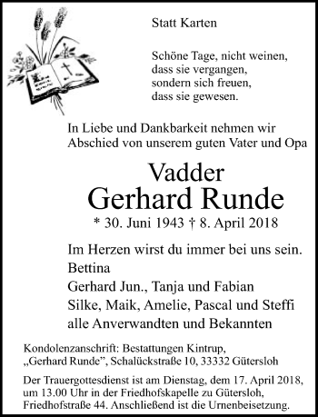 Traueranzeige von Gerhard Runde von Neue Westfälische