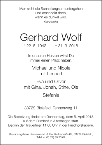 Traueranzeige von Gerhard Wolf von Neue Westfälische