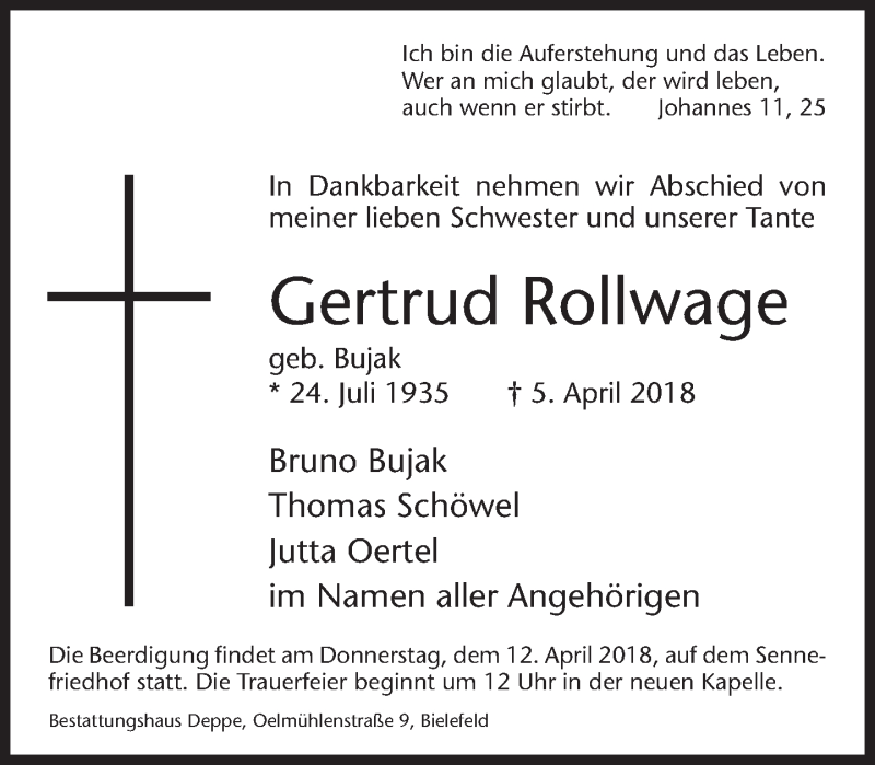  Traueranzeige für Gertrud Rollwage vom 07.04.2018 aus Neue Westfälische
