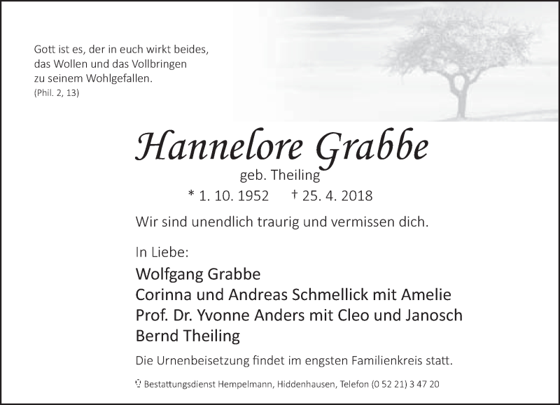 Traueranzeige für Hannelore Grabbe vom 28.04.2018 aus Neue Westfälische