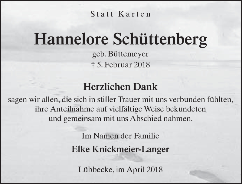  Traueranzeige für Hannelore Schüttenberg vom 06.04.2018 aus Neue Westfälische